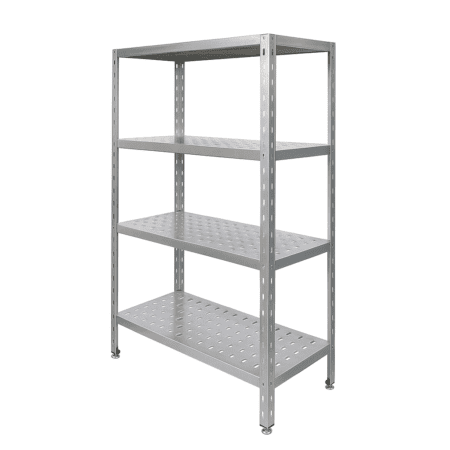מדפי נירוסטה מחוררים 150X50X185 ס"מ – מדפים תעשייתיים רחבים ועמידים עם 4 מדפים מחוררים