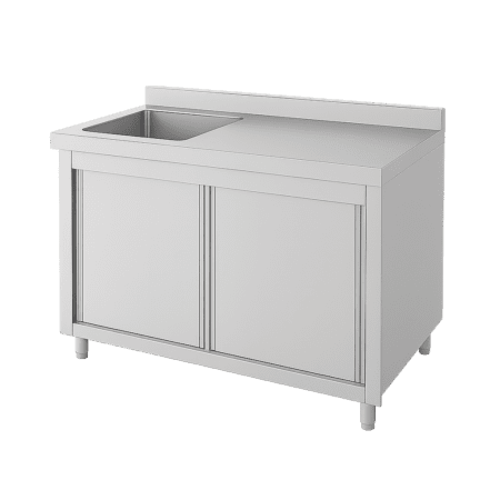 שולחן נירוסטה 120 ס"מ עם כיור בצד שמאל וארון תחתון למטבח מקצועי