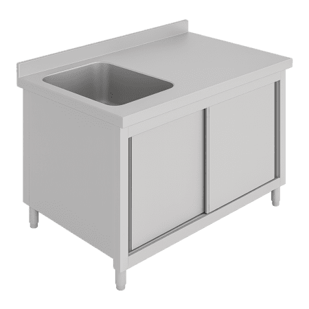 שולחן נירוסטה 150 ס"מ עם כיור בצד שמאל וארון תחתון למטבח מקצועי