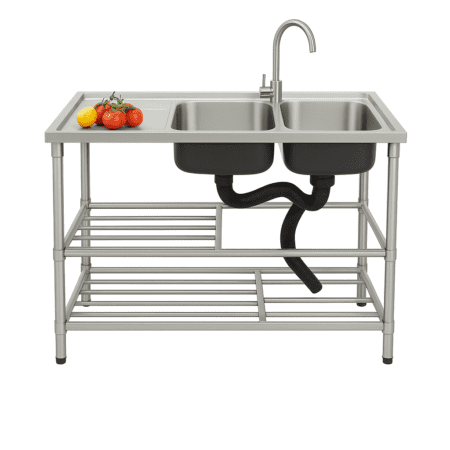 שולחן נירוסטה עם 2 כיורים בצד ימין