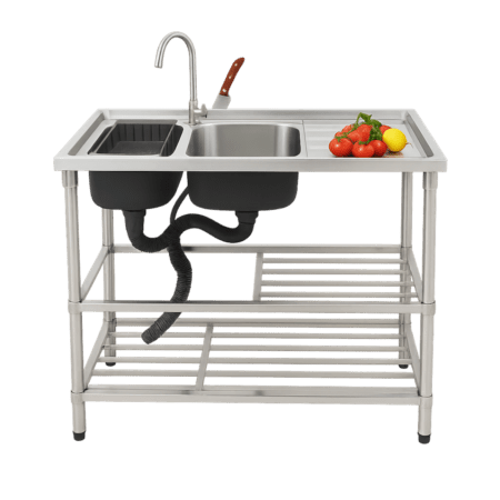 שולחן נירוסטה 150 ס"מ עם 2 כיורים בצד שמאל