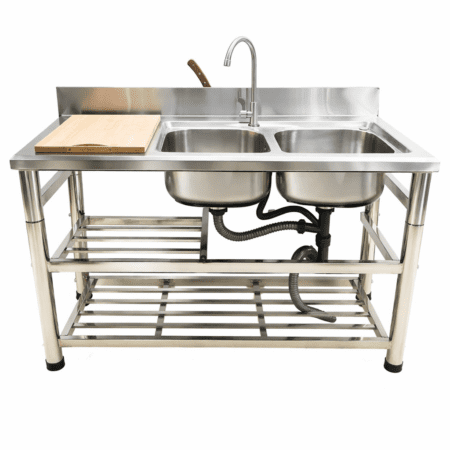 שולחן נירוסטה 150 ס"מ עם שני כיורים בצד ימין למטבח מקצועי